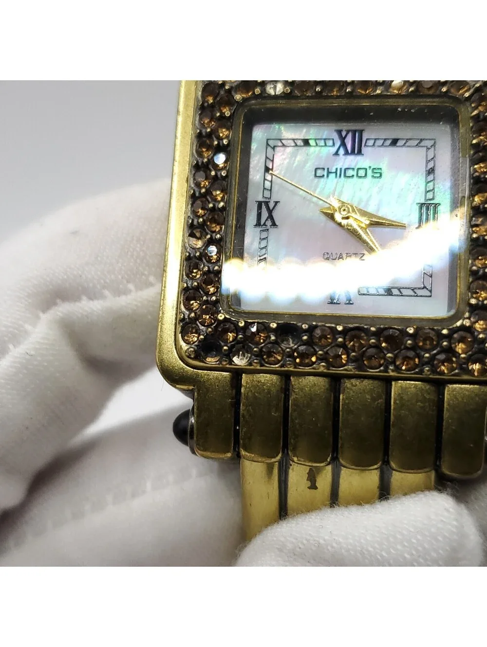 Chico's Cuff Band Gem Bezel Womens Watch 28mm MOP Dial New Battery